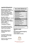 Product label with ingredients, nutrition facts, and branding information on a white background